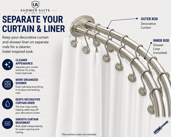 Shower Suite by Utopia Alley – DCR9XX Rustproof Aluminum Double Curved Shower Curtain Rod Combo Set with Liner & 24 Hooks, Adjustable 45–72 Inch Wall Mounted Dual Rod