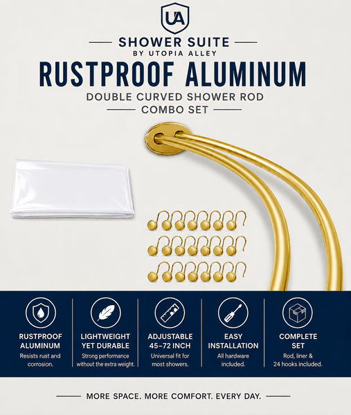 Shower Suite by Utopia Alley – DCR9XX Rustproof Aluminum Double Curved Shower Curtain Rod Combo Set with Liner & 24 Hooks, Adjustable 45–72 Inch Wall Mounted Dual Rod