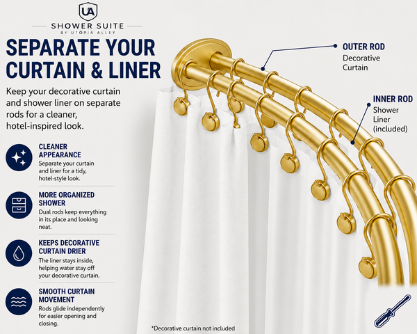 Shower Suite by Utopia Alley – DCR9XX Rustproof Aluminum Double Curved Shower Curtain Rod Combo Set with Liner & 24 Hooks, Adjustable 45–72 Inch Wall Mounted Dual Rod