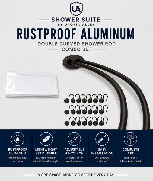 Shower Suite by Utopia Alley – DCR9XX Rustproof Aluminum Double Curved Shower Curtain Rod Combo Set with Liner & 24 Hooks, Adjustable 45–72 Inch Wall Mounted Dual Rod