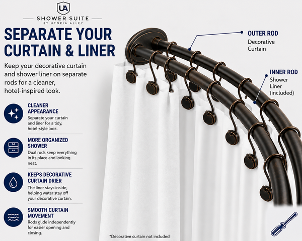 Shower Suite by Utopia Alley – DCR9XX Rustproof Aluminum Double Curved Shower Curtain Rod Combo Set with Liner & 24 Hooks, Adjustable 45–72 Inch Wall Mounted Dual Rod
