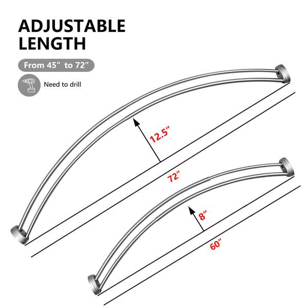 Utopia Alley DCR9XX Rustproof Wall Mounted Aluminum Double Curved Shower Curtain Rod, Screw Mount Rod, Stronger and More Secure Than Tension, Adjustable Double Shower Rod from 45" to 72", Expandable, Includes shower liner and shower hooks