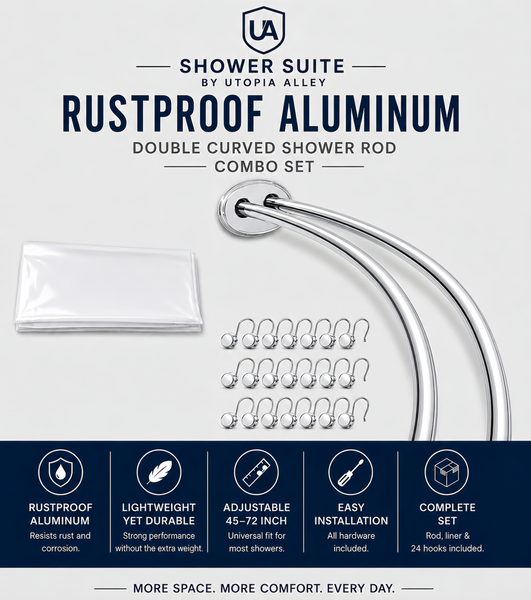 Shower Suite by Utopia Alley – DCR9XX Rustproof Aluminum Double Curved Shower Curtain Rod Combo Set with Liner & 24 Hooks, Adjustable 45–72 Inch Wall Mounted Dual Rod