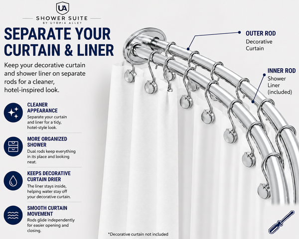 Shower Suite by Utopia Alley – DCR9XX Rustproof Aluminum Double Curved Shower Curtain Rod Combo Set with Liner & 24 Hooks, Adjustable 45–72 Inch Wall Mounted Dual Rod