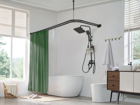 Utopia Alley DLR1XX Rustproof Wall Mounted Aluminum Double L Shaped Shower Curtain Rod 72" L x 31.7" W,  with 24 Shower Liner Hooks for interior rod included  & Ceiling Support