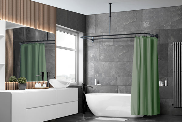 Utopia Alley DR9XX Rustproof Wall Mounted Aluminum D-shape Shower Curtain Rods With Ceiling Support for Freestanding Tubs, 60 Inch Large Size by 25 Inch, with White Shower curtain 180x70 inch