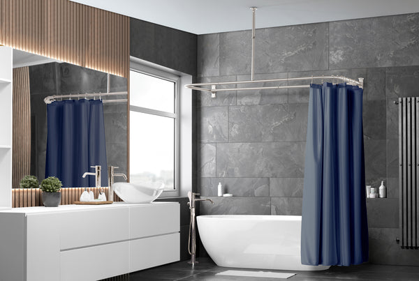 Utopia Alley DR9XX Rustproof Wall Mounted Aluminum D-shape Shower Curtain Rods With Ceiling Support for Freestanding Tubs, 60 Inch Large Size by 25 Inch, with White Shower curtain 180x70 inch