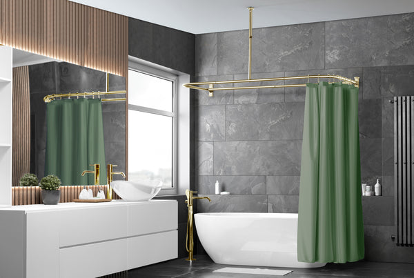 Utopia Alley DR9XX Rustproof Wall Mounted Aluminum D-shape Shower Curtain Rods With Ceiling Support for Freestanding Tubs, 60 Inch Large Size by 25 Inch, with White Shower curtain 180x70 inch