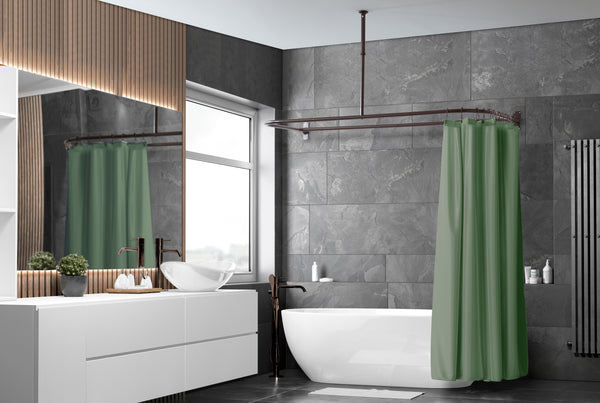 Utopia Alley DR9XX Rustproof Wall Mounted Aluminum D-shape Shower Curtain Rods With Ceiling Support for Freestanding Tubs, 60 Inch Large Size by 25 Inch, with White Shower curtain 180x70 inch