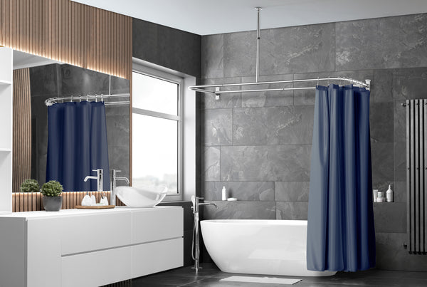 Utopia Alley DR9XX Rustproof Wall Mounted Aluminum D-shape Shower Curtain Rods With Ceiling Support for Freestanding Tubs, 60 Inch Large Size by 25 Inch, with White Shower curtain 180x70 inch