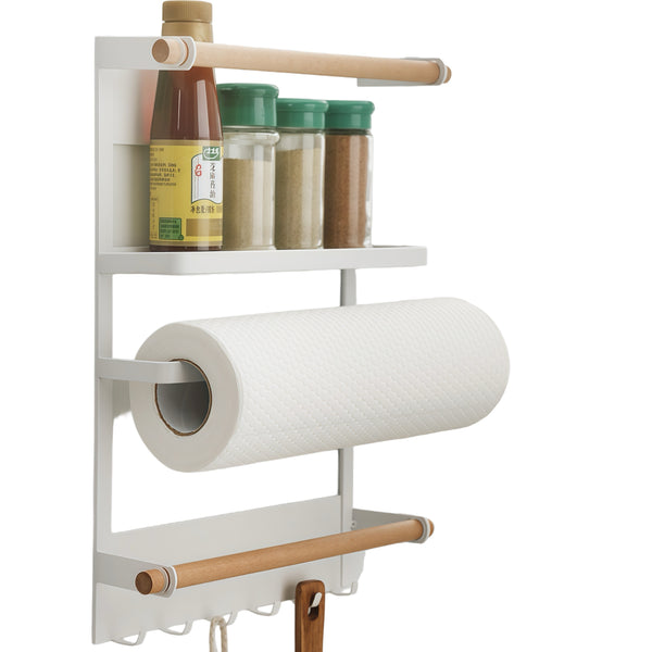Utopia Alley FT02WW 13.4" Magnetic Refrigerator Organizer Shelf, White Kitchen Storage Rack with Wooden Accents, Paper Towel Holder, Hooks & Hanging Poles for Spices & Accessories