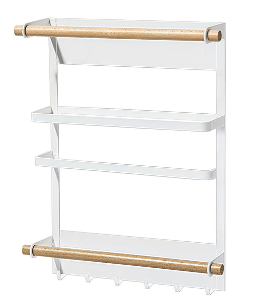 Utopia Alley FT02WW 13.4" Magnetic Refrigerator Organizer Shelf, White Kitchen Storage Rack with Wooden Accents, Paper Towel Holder, Hooks & Hanging Poles for Spices & Accessories