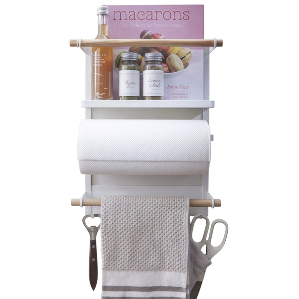 Utopia Alley FT02WW 13.4" Magnetic Refrigerator Organizer Shelf, White Kitchen Storage Rack with Wooden Accents, Paper Towel Holder, Hooks & Hanging Poles for Spices & Accessories