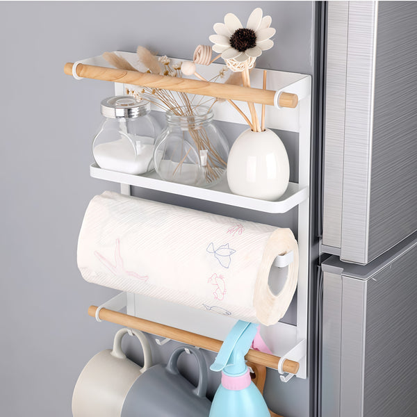 Utopia Alley FT02WW 13.4" Magnetic Refrigerator Organizer Shelf, White Kitchen Storage Rack with Wooden Accents, Paper Towel Holder, Hooks & Hanging Poles for Spices & Accessories
