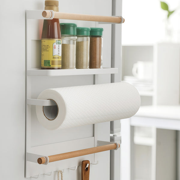 Utopia Alley FT02WW 13.4" Magnetic Refrigerator Organizer Shelf, White Kitchen Storage Rack with Wooden Accents, Paper Towel Holder, Hooks & Hanging Poles for Spices & Accessories