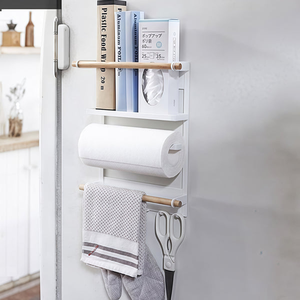 Utopia Alley FT02WW 13.4" Magnetic Refrigerator Organizer Shelf, White Kitchen Storage Rack with Wooden Accents, Paper Towel Holder, Hooks & Hanging Poles for Spices & Accessories