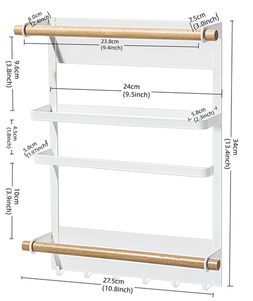 Utopia Alley FT02WW 13.4" Magnetic Refrigerator Organizer Shelf, White Kitchen Storage Rack with Wooden Accents, Paper Towel Holder, Hooks & Hanging Poles for Spices & Accessories
