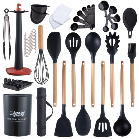 Utopia Alley KF05BK 40 Pcs Cooking Utensils Set with Apron Silicone Turner Tong Spatula Spoon Kitchenware Organizer, BPA Free, Non-stick Heat Resistant Kitchen Gadgets Cookware with Natural Wooden Handle, Black