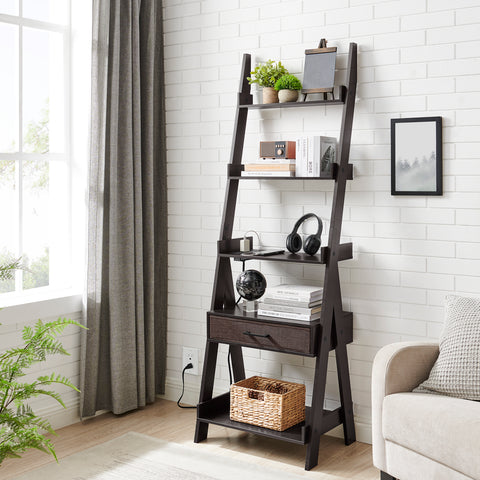 Utopia Alley LF01BZ Ladder Shelf, 5 Tier Ladder Bookshelf with Power Outlet, USB Port, Fast Charging and Drawer, Wood Ladder Shelves for Living Room, Home Office, Kitchen, Bedroom, Industrial Style, Espresso