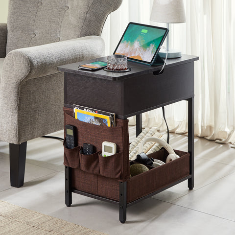 Utopia Alley LF02BZ End Table with Charging Station, Narrow Sofa Side Table with USB Ports & Fast Charging, Flip Top End Table with Cup Holder & Fabric Drawer/Bag for Small Spaces, Living Room, Bedroom