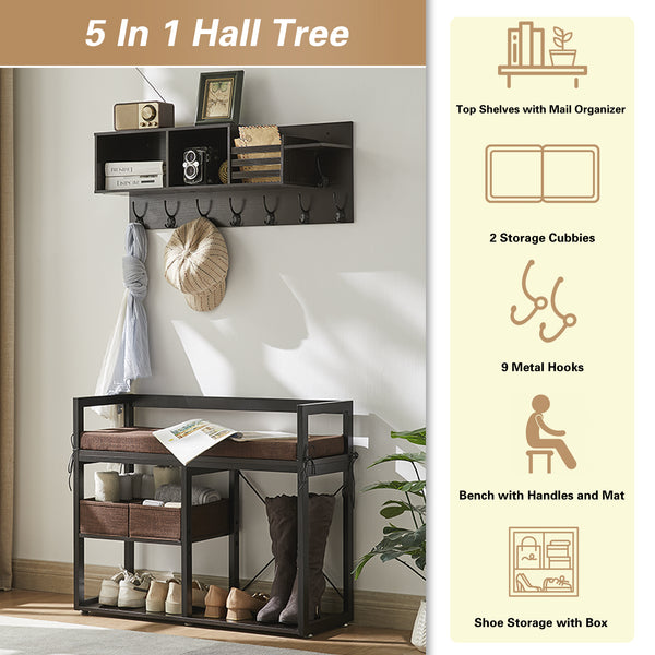 Utopia Alley LF04BZ Coat Rack Shoe Bench Set, Entryway Hall Tree with Bench Shoe Rack, Wall Mounted Coat Rack, Cubbies, Shoe Horn, Mail Organizer, 7-in-1 Design