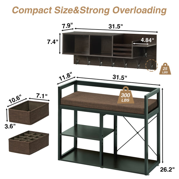 Utopia Alley LF04BZ Coat Rack Shoe Bench Set, Entryway Hall Tree with Bench Shoe Rack, Wall Mounted Coat Rack, Cubbies, Shoe Horn, Mail Organizer, 7-in-1 Design