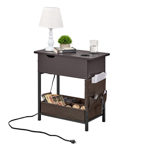 Utopia Alley LF06BZ End Table with Power Outlet, Small Side Table with USB Ports & Fast Charging, Flip Top Nightstand with 2 Cup Holders & Fabric Drawer, Fabric Bag for Small Spaces, Living Room, Bedroom