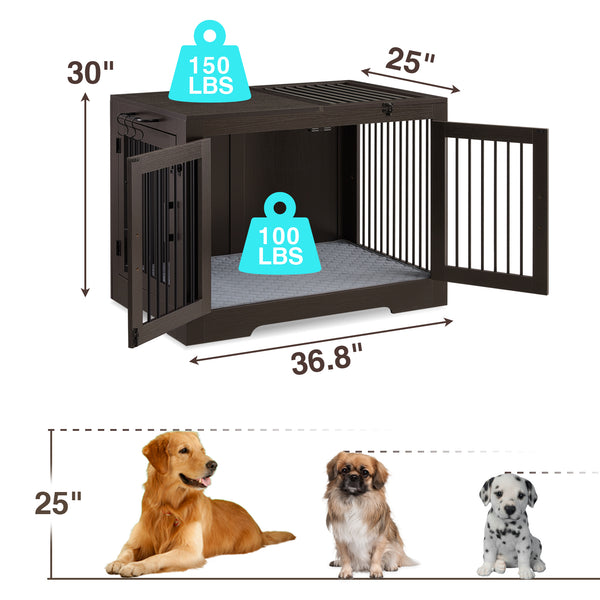 Utopia Alley LF07BZ 37 Inch Dog Crate Furniture for Medium Small Dog, Wooden Heavy Duty Dog Kennel with Three Doors,Wooden Cage Kennel Furniture Indoor, Espresso