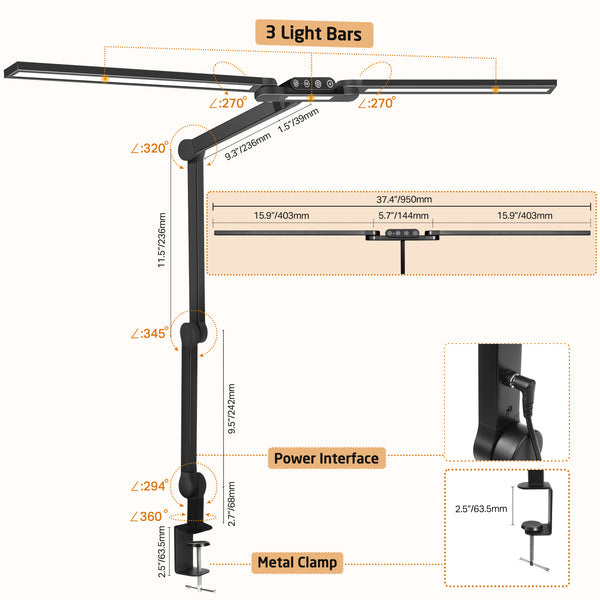 Utopia Alley LT01BK Desk Lamp with Clamp, Auto-Dimming Eye-Caring LED Light 24W, 37.4" Long, Memory Function for Home Office, Desk and Computer Desk Lamp, Adjustable Light for Reading, DIY, Drafting, Working