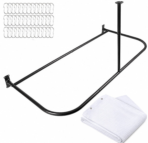 Shower Suites DR9XX By Utopia Alley D-Shaped Shower Curtain Rod for Freestanding Tubs - Complete Shower Solution with Extra-Long Fabric Shower Curtain & 36 Hooks, Rustproof Aluminum, 60" x 25"