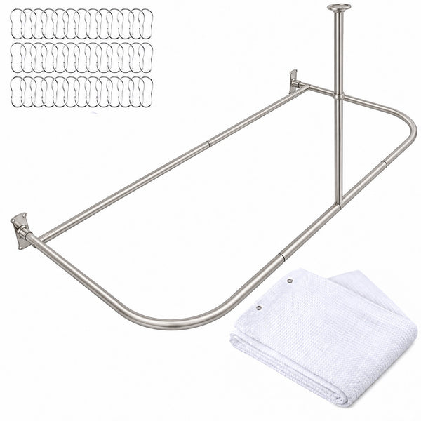 Shower Suites DR9XX By Utopia Alley D-Shaped Shower Curtain Rod for Freestanding Tubs - Complete Shower Solution with Extra-Long Fabric Shower Curtain & 36 Hooks, Rustproof Aluminum, 60" x 25"