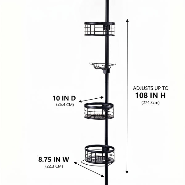 Utopia Alley PC4XX Tension Pole Shower Caddy Corner Organizer, Adjustable Standing Shower Caddy with 3 Removable Baskets and Hooks, Rust Resistant Bathroom Tension Rod Organizer, 60.5 to 108 Inch