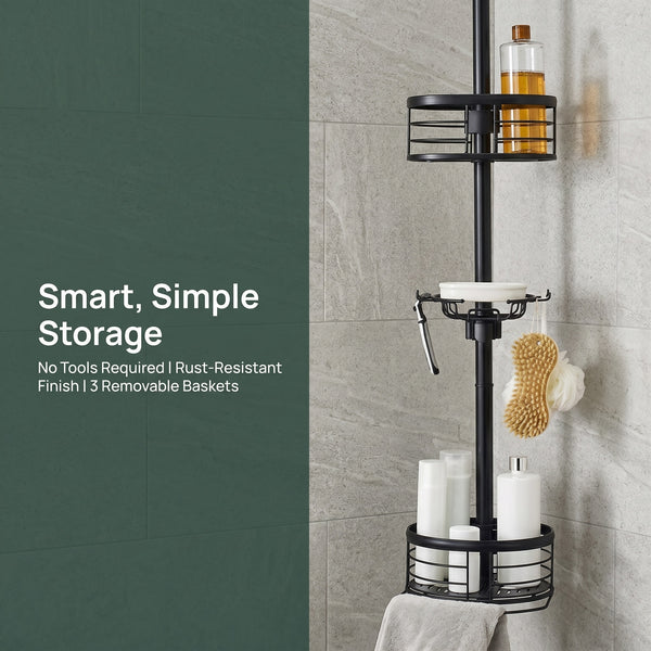Utopia Alley PC4XX Tension Pole Shower Caddy Corner Organizer, Adjustable Standing Shower Caddy with 3 Removable Baskets and Hooks, Rust Resistant Bathroom Tension Rod Organizer, 60.5 to 108 Inch