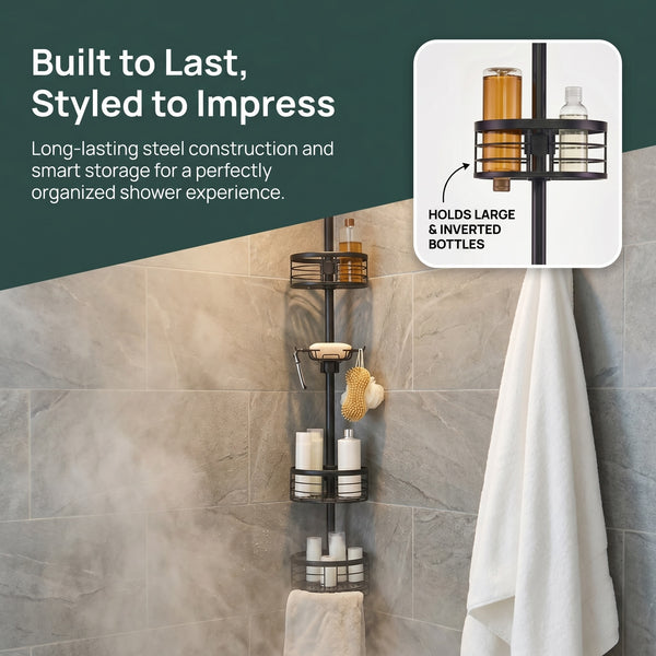 Utopia Alley PC4XX Tension Pole Shower Caddy Corner Organizer, Adjustable Standing Shower Caddy with 3 Removable Baskets and Hooks, Rust Resistant Bathroom Tension Rod Organizer, 60.5 to 108 Inch