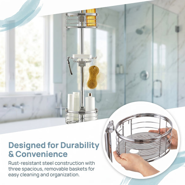 Utopia Alley PC4XX Tension Pole Shower Caddy Corner Organizer, Adjustable Standing Shower Caddy with 3 Removable Baskets and Hooks, Rust Resistant Bathroom Tension Rod Organizer, 60.5 to 108 Inch