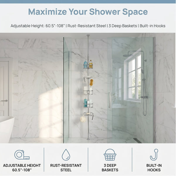Utopia Alley PC4XX Tension Pole Shower Caddy Corner Organizer, Adjustable Standing Shower Caddy with 3 Removable Baskets and Hooks, Rust Resistant Bathroom Tension Rod Organizer, 60.5 to 108 Inch