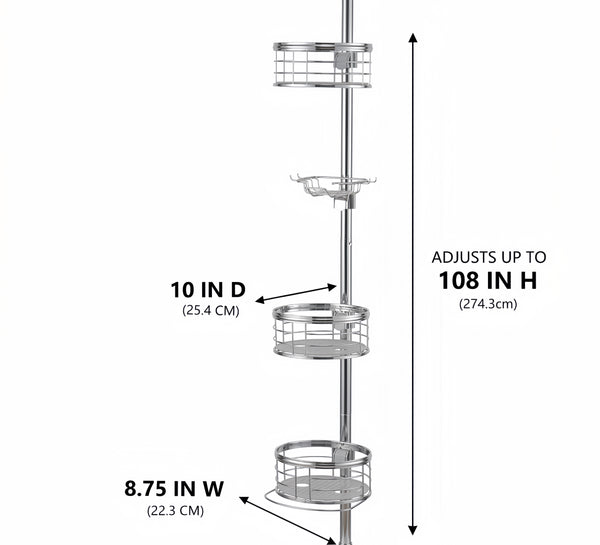 Utopia Alley PC4XX Tension Pole Shower Caddy Corner Organizer, Adjustable Standing Shower Caddy with 3 Removable Baskets and Hooks, Rust Resistant Bathroom Tension Rod Organizer, 60.5 to 108 Inch