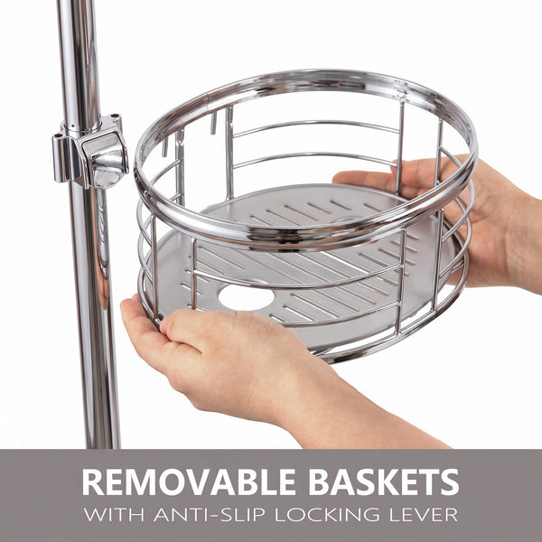 Utopia Alley PC4XX Tension Pole Shower Caddy Corner Organizer, Adjustable Standing Shower Caddy with 3 Removable Baskets and Hooks, Rust Resistant Bathroom Tension Rod Organizer, 60.5 to 108 Inch