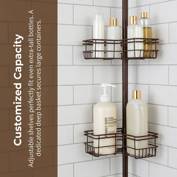 Utopia Alley PC6XX Tension Pole Shower Caddy Corner Organizer, Adjustable Standing Shower Caddy with 4 Removable Baskets, Rust Resistant Bathroom Tension Rod Organizer, 60 to 97 Inch