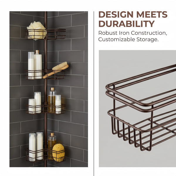 Utopia Alley PC6XX Tension Pole Shower Caddy Corner Organizer, Adjustable Standing Shower Caddy with 4 Removable Baskets, Rust Resistant Bathroom Tension Rod Organizer, 60 to 97 Inch