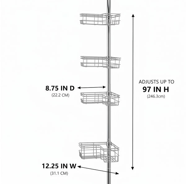 Utopia Alley PC6XX Tension Pole Shower Caddy Corner Organizer, Adjustable Standing Shower Caddy with 4 Removable Baskets, Rust Resistant Bathroom Tension Rod Organizer, 60 to 97 Inch