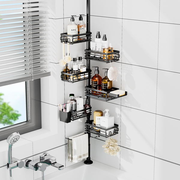 Utopia Alley PC7BK Tension Pole Shower Caddy Corner Organizer, Max 109‑Inch Adjustable Height, 6‑Tier No‑Drill Shower Storage Rack, Freely Customizable Shelf Spacing with Hooks and Non‑Slip Base, Matte Black