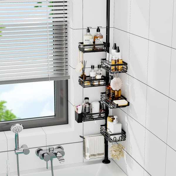 Utopia Alley PC7BK Tension Pole Shower Caddy Corner Organizer, Max 109‑Inch Adjustable Height, 6‑Tier No‑Drill Shower Storage Rack, Freely Customizable Shelf Spacing with Hooks and Non‑Slip Base, Matte Black