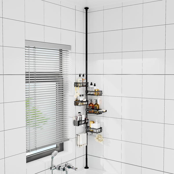 Utopia Alley PC7BK Tension Pole Shower Caddy Corner Organizer, Max 109‑Inch Adjustable Height, 6‑Tier No‑Drill Shower Storage Rack, Freely Customizable Shelf Spacing with Hooks and Non‑Slip Base, Matte Black