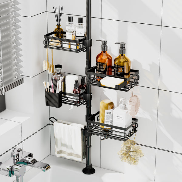Utopia Alley PC7BK Tension Pole Shower Caddy Corner Organizer, Max 109‑Inch Adjustable Height, 6‑Tier No‑Drill Shower Storage Rack, Freely Customizable Shelf Spacing with Hooks and Non‑Slip Base, Matte Black