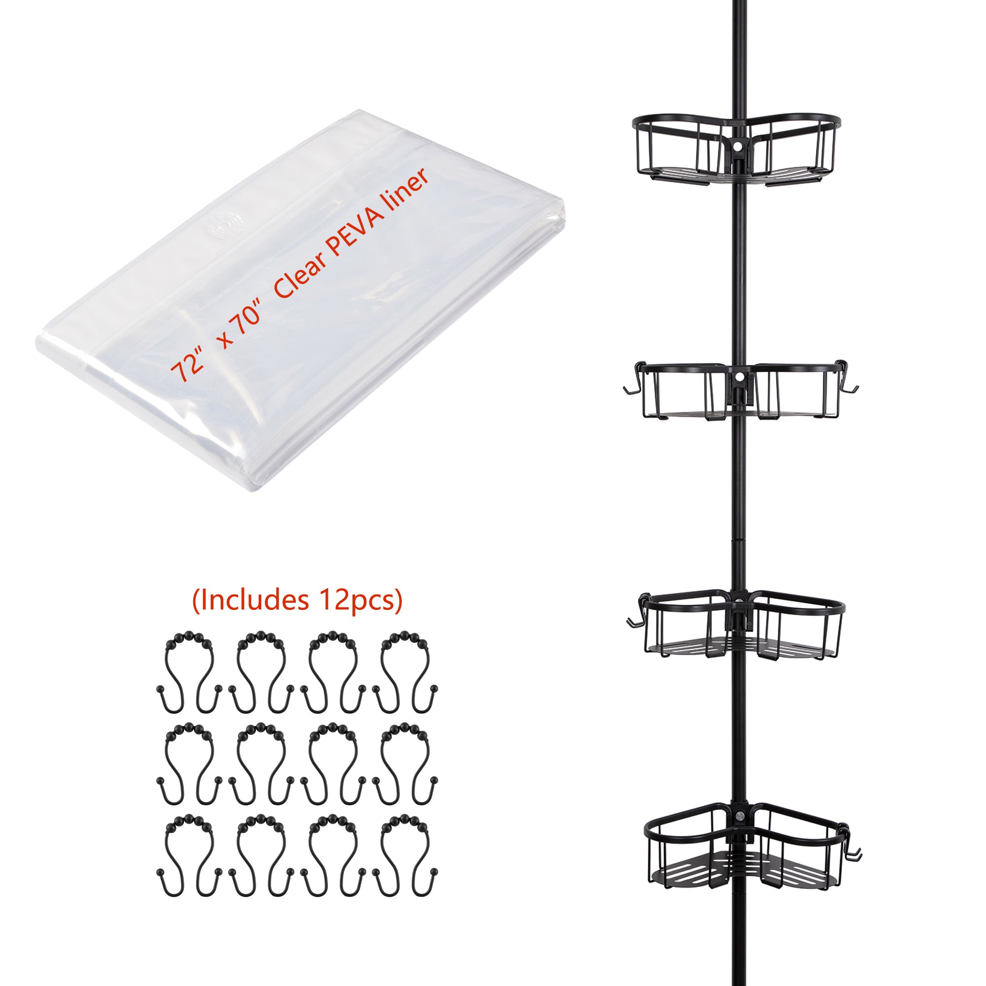 Utopia Alley PC9XX Flat Shelf Tension Rod Shower Organizer - Rustproof Corner Shower Caddy with 4 Adjustable Shelves - Stand Up Shower Corner Shelf, Bathtub Corner Rack - Includes Shower Liner and Shower Hooks