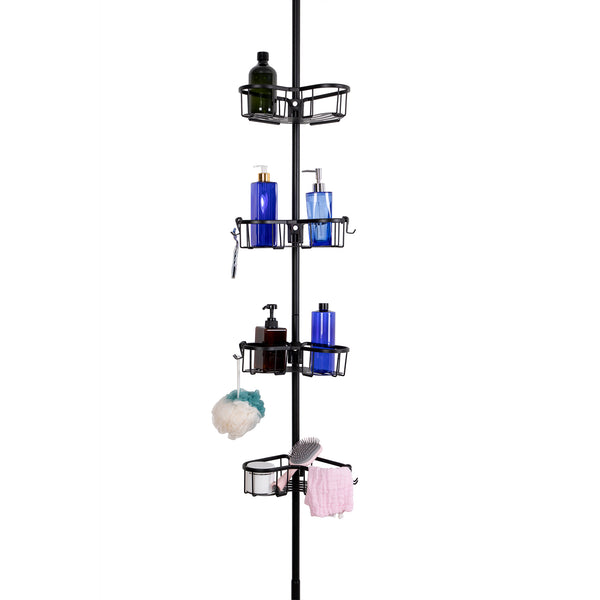 Utopia Alley PC9XX Flat Shelf Tension Rod Shower Organizer - Rustproof Corner Shower Caddy with 4 Adjustable Shelves - Stand Up Shower Corner Shelf, Bathtub Corner Rack - Includes Shower Liner and Shower Hooks