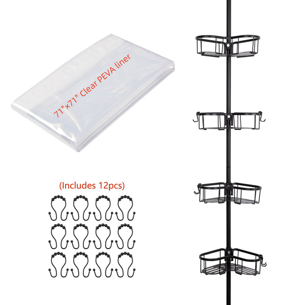 Utopia Alley PC9XX Flat Shelf Tension Rod Shower Organizer - Rustproof Corner Shower Caddy with 4 Adjustable Shelves - Stand Up Shower Corner Shelf, Bathtub Corner Rack - Includes Shower Liner and Shower Hooks