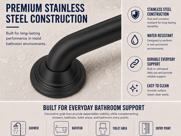 Utopia Alley GBXX Decorative Grab Bar for Shower & Bathroom – 1.25-Inch Stainless Steel Wall-Mounted Safety Handle with Concealed Hardware