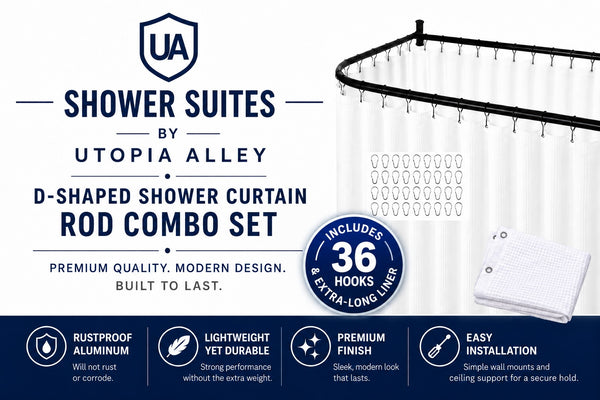 Shower Suites DR9XX By Utopia Alley D-Shaped Shower Curtain Rod for Freestanding Tubs - Complete Shower Solution with Extra-Long Fabric Shower Curtain & 36 Hooks, Rustproof Aluminum, 60" x 25"